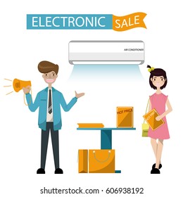 Successful salesman in electrical shop. Customer buying  Air conditioner.Vector/Illustration
