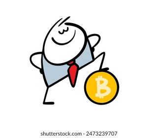 Successful, satisfied businessman put his foot on coin with bitcoin sign. Vector illustration of stickman has earned a lot of money on the Internet using cryptocurrency.Isolated on white background.