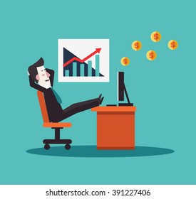 Successful, satisfied and happy businessman relaxing in his chair in office. Business idea, innovation, development and strategy vector concept design.