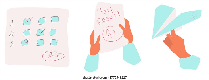 Successful School Exam Test Paper. A+ Grade Result. Hand Drawn Paper Aircraft With A+ Grade In Circle. Flat Vector Illustration