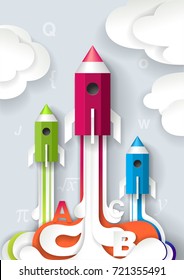 Successful school start vector illustration with pencil rockets flying into space, abc letters. Back to school concept.