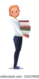 Successful schoolgirl. Cheerful teenagers in standing pose. Girl in white shirt. Cartoon flat design in comic style. Separate character. Illustration isolated on white background. Vector.