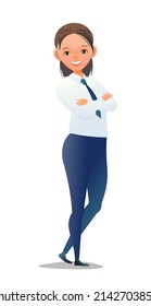 Successful schoolgirl. Cheerful teenagers in standing pose. Girl in white shirt. Cartoon flat design in comic style. Separate character. Illustration isolated on white background. Vector.
