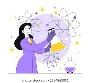 Successful scientist with flask line. Chemist with colorful liquid in glass. Researcher conduct experiment. Education and learning. Linear flat vector illustration isolated on white background