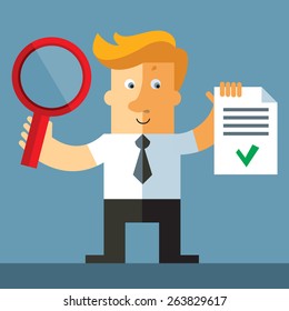 Successful search.  Business man with magnifier glass and Ok checklist. flat vector illustration.