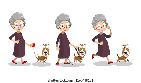 Successful senior woman walking with dog. Funny grandma with pet cartoon character. Funny old woman in glasses and brown dress in different poses. Active lifestyle at retirement vector illustration