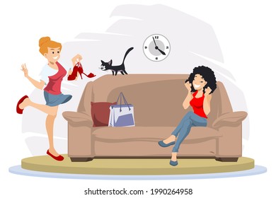 Successful shopping. Girl shows off purchase. Two cheerful girlfriend. Illustration concept for mobile website and internet development.