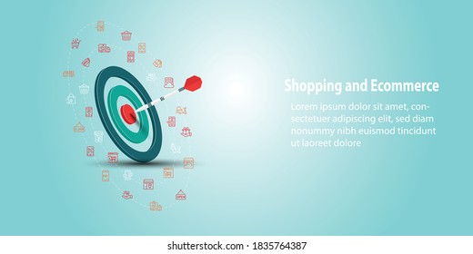 Successful shot darts target.  Shopping and e-commerce icon sets, cover page, copy space. Mission. Vision. 