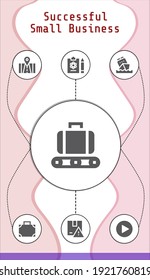 successful small business editable infographic template with icons of Play, Report, Suitcase, Phone, Calendar, Package, Conveyor