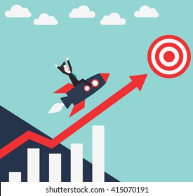 Successful and smiling business man flying on a rocket, on a graph going up. Success, idea, growing, international business and strategy vector illustration. New business project start-up design