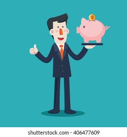 Successful smiling business man with a piggy bank. Saving and investing money concept. Future financial planning concept. Modern vector design flat style