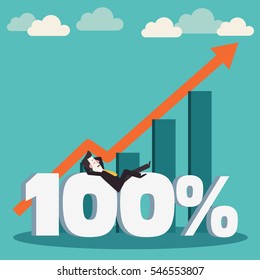 Successful smiling business man presenting and showing a financial chart. Success, idea, marketing presentations, growing and business strategy vector illustration. Businessman at work concept design