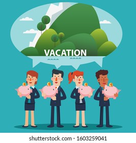 Successful smiling business men and business women with a piggy bank and dreaming about holiday. Saving and investing money concept. Future financial planning concept