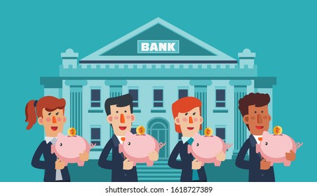 Successful smiling business men and business women with a piggy bank. Saving and investing money concept. Future financial planning concept
