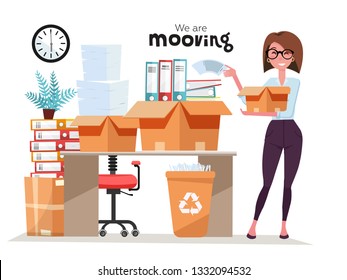 Successful smiling business woman holding cardboard box with work stuff, stack of folders at office moving. Office moving job concept. Vector flat style illustration isolated on white background.