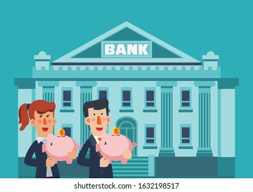 Successful smiling business woman and business man with bank building and piggy bank. Saving and investing money concept. Future financial planning concept