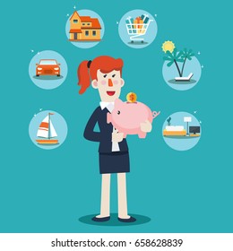 Successful and smiling business woman with a piggy bank. 6 icons: house, car, yacht, shopping cart, furniture and holiday vacation. Saving and investing money. Future financial planning concept