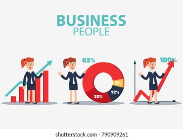 Successful smiling business woman presenting and showing a financial chart. Success, idea, marketing presentations, growing and business strategy vector illustration. Business woman at work concept
