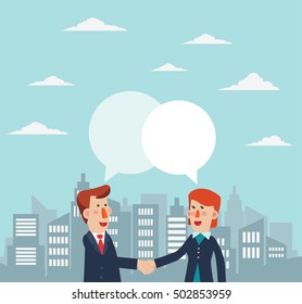 Successful and smiling business women and businessman shake hands
