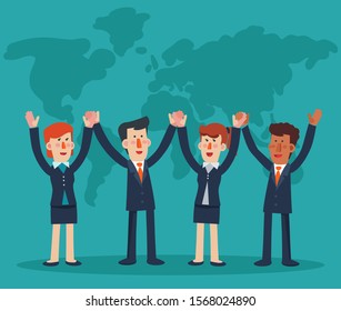 Successful and smiling businessman and business woman holding hands. Vector illustration of business characters. Partnership, cooperation, collaboration and teamwork in business vector concept