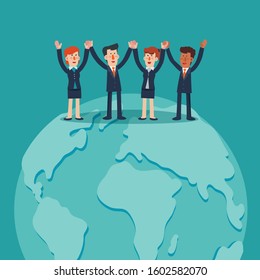 Successful and smiling businessman and business woman holding hands. Vector illustration of business characters. Partnership, cooperation, collaboration and teamwork in business vector concept