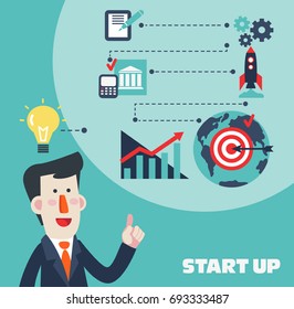 Successful smiling businessman presenting start up process concept. Success, idea, growing, international business and strategy vector illustration. New business project start-up design