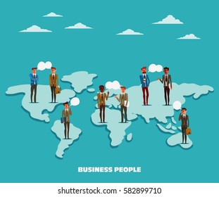 Successful and smiling businessmen talking and discussing over world map. Partnership, cooperation, international collaboration and teamwork in business vector concept. Modern design illustration