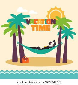 Successful smiling happy businessman relaxing in hammock on the beach. Break, holidays time, vacation, recreation, travel and relaxation vector design. Funny summer landscape background