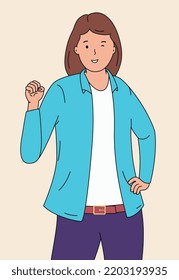 Successful smiling woman with her hand raised up clenched into fist. Concept confident, strong person.