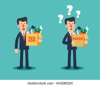 Successful smiling young business man holding a box with her things and dismissed frustrated businessman. "Welcome to the new job" business concept. Unemployment, jobless and employee job reduction