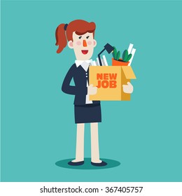 Successful smiling young business woman holding a box with her things with inscription " New job". Welcome to the new job vector business concept. Start and time for a new job illustration