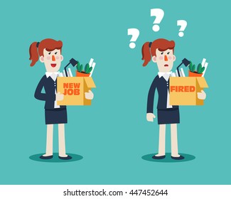 Successful smiling young business woman holding a box with her things and dismissed frustrated woman. "Welcome to the new job" business concept. Unemployment, jobless and employee job reduction