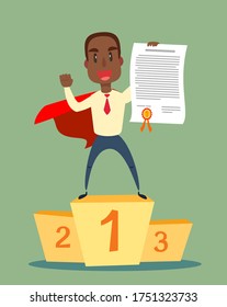 Successful, smiling, young, happy black african american businessman showing an award certificate. Vector flat design illustration.