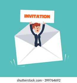 Successful, smiling, young, happy business woman in a big envelope with a invitation card. Post letter, delivery service or e-mail vector concept