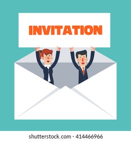 Successful, smiling, young, happy business man and business woman in a big envelope with a invitation card. Post letter, delivery service or e-mail vector concept
