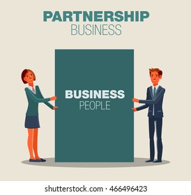 Successful, smiling, young, happy business man and business woman with placard. Communication, assistance, partnership, cooperation, collaboration and teamwork in business vector concept