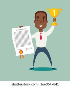 Successful, smiling, young, happy businessmen holding up winning trophy and showing an award certificate. Vector flat design illustration.