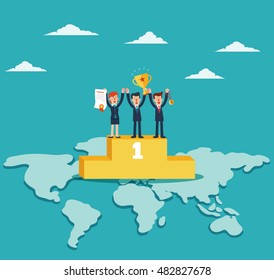 Successful, smiling, young, happy businessmen and business woman standing on the winning podium holding up winning trophy and showing an award certificate. Partnership and teamwork in business concept