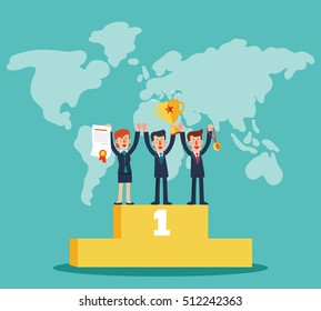 Successful, smiling, young, happy businessmen and business woman standing on the winning podium holding up winning trophy and showing an award certificate. Partnership and teamwork in business concept