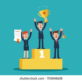 Successful, smiling, young, happy businessmen and business woman standing on the winning podium holding up winning trophy and showing an award certificate. Partnership and teamwork in business concept