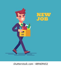 Successful Smiling Young Man Going To The New Job With Box. Welcome To The New Job Business Concept. New Job Vector Illustration In Flat Design.