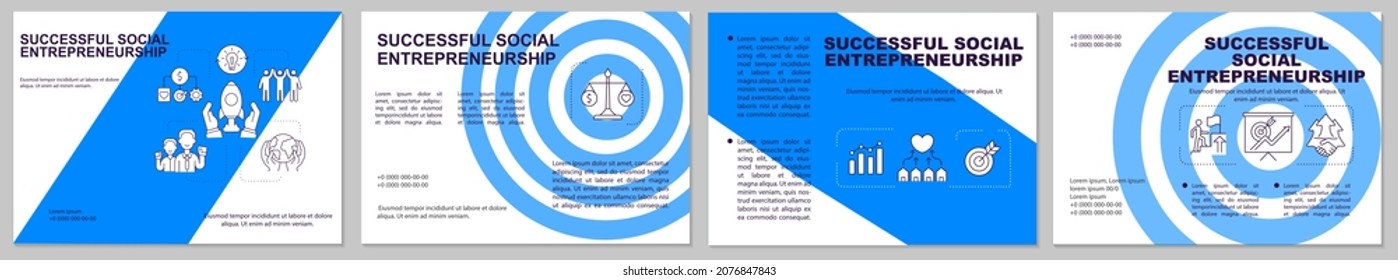 Successful Social Entrepreneurship Blue Brochure Template. Flyer, Booklet, Leaflet Print, Cover Design With Linear Icons. Vector Layouts For Presentation, Annual Reports, Advertisement Pages