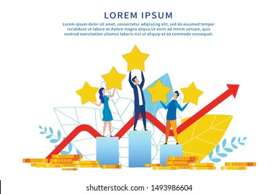 Successful Social Media Marketing Motivate Banner. People Stand On Charts Rate Hold Gold Rating Stars Over Variable Graph And Dollar Coins Piles. Positive Customer Review Evaluation. Flat Illustration