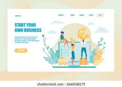 Successful Social Networks Startup Business Idea. Digital Media Marketing Strategy Landing Page Design. Earning Keep Money via Internet. People with Cash Reward Standing on Laptop. Vector Illustration