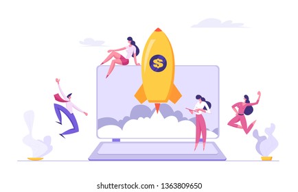 Successful Start Up Concept with Business People Characters Launches Rocket from Laptop. Space Ship Metaphor Business Startup, Teamwork E-commerce Banner. Vector Flat illustration