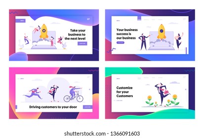 Successful Start Up Concept Landing Page Set with Business People Characters Launches Rocket from Laptop. Space Ship Metaphor Startup, Business Challenge Banner, Website, Web Page. Vector illustration