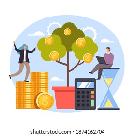 Successful start up money tree new business teamwork concept. Vector flat graphic simple illustration