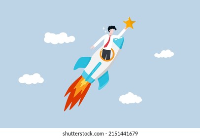 Successful start up, fast growth of new innovative business company, entrepreneurship concept. Confident business appearing at opening rocket window to grap bright star.