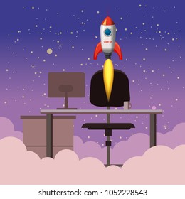 Successful start up, Rocket launch, offise, night, ship, vector, illustration concept of business product on a market.