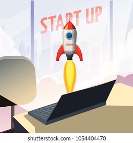Successful start up, Rocket launch, offise, computer, table, ship, vector, illustration concept of business product on a market.